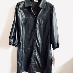 Avec Les Filles NWT Black Faux Leather Button Down Shirt Dress Classic Subtle